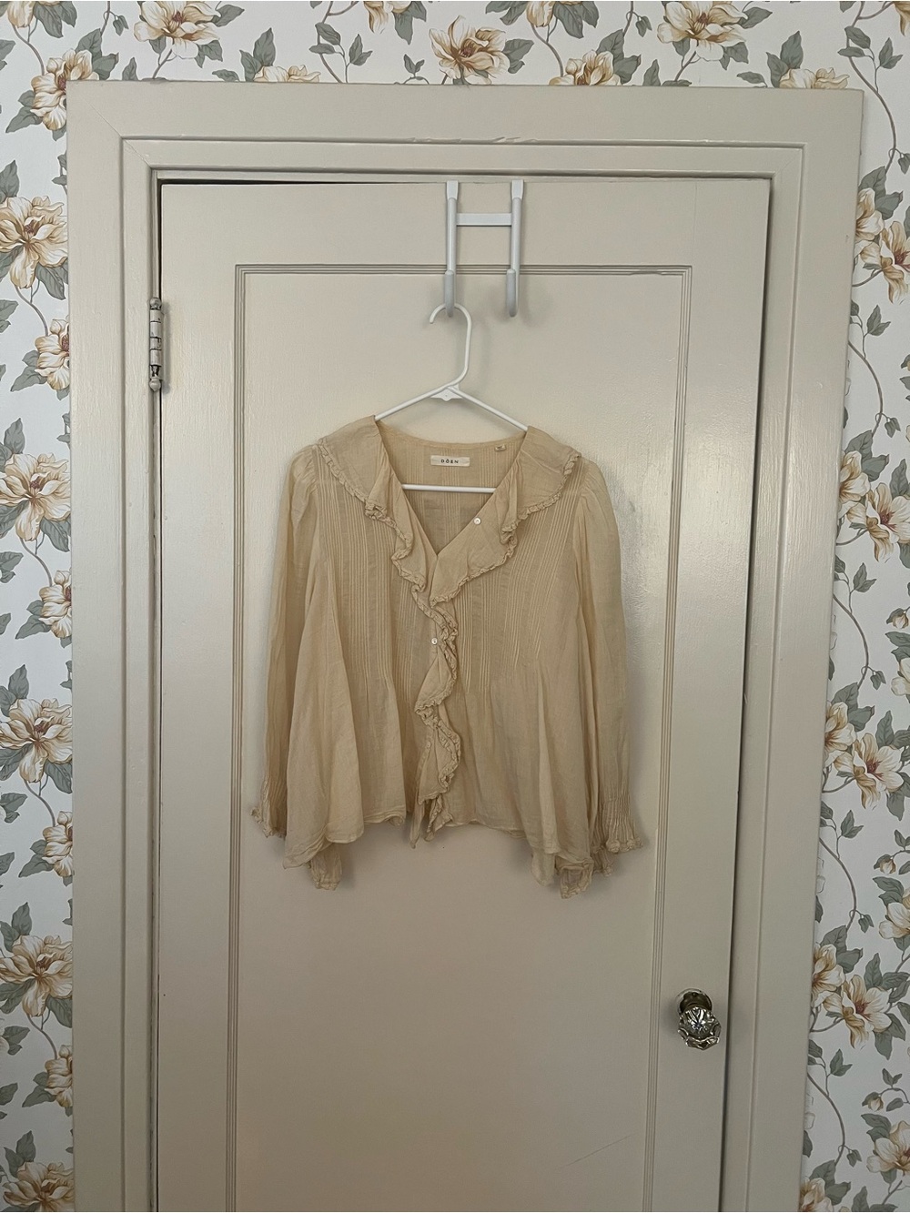 Doen Sheer Beige Ruffle-Front Blouse